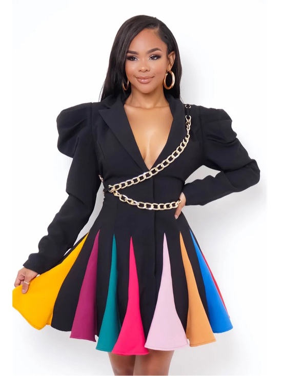 L'ATISTE Dresses & Skirts - L'ATISTE by Amy Black Coat Dress Rainbow Pleated Skirt Gold Chains Size S